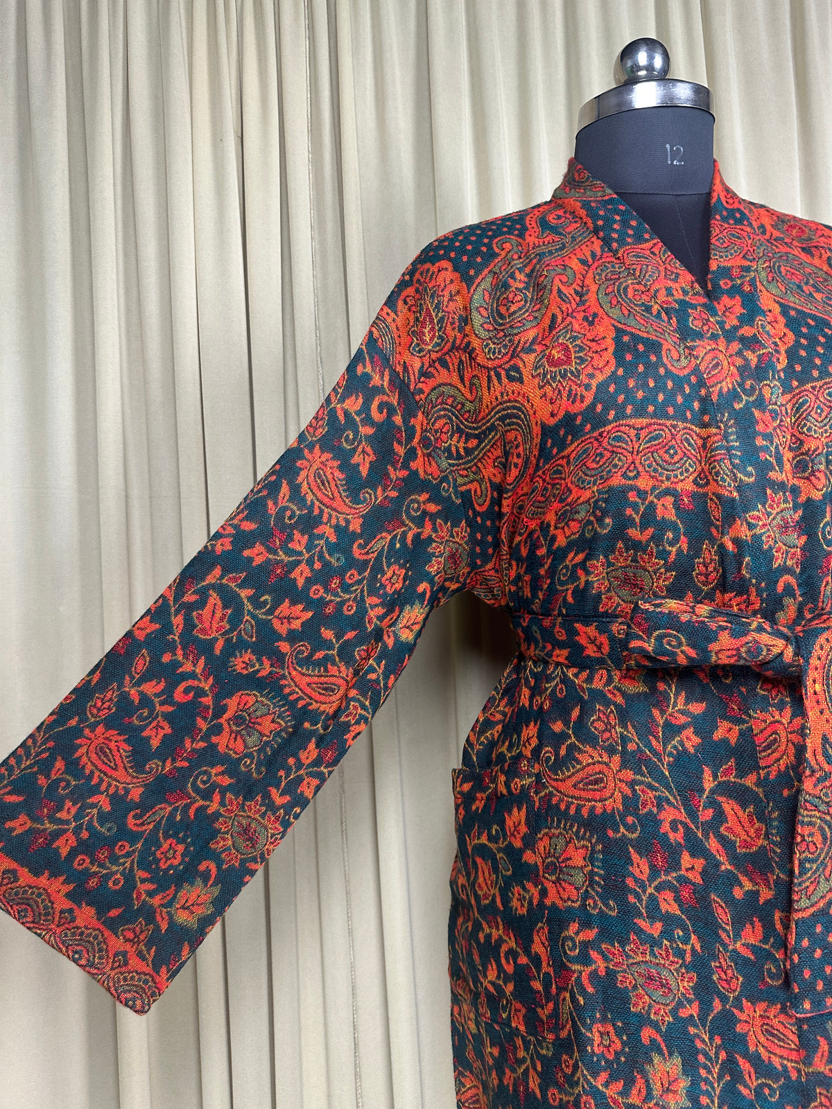 Yak Wool Blend Women Kimono Robe, Cozy Warm Winter Romance Loungewear, Green Paisley Cardigan House Coat with Pockets, Quirky Christmas Gift