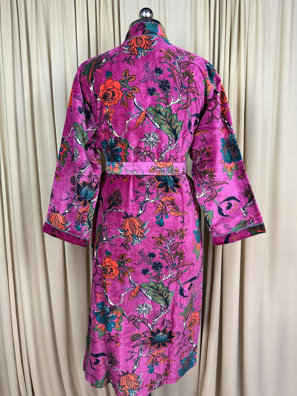 Luxury Velvet Kimono Unisex House Robe | Boho Jacket Autumn Winter Christmas Gift Elegant Reversible Cotton Lined | Quirky Gown Pink Floral
