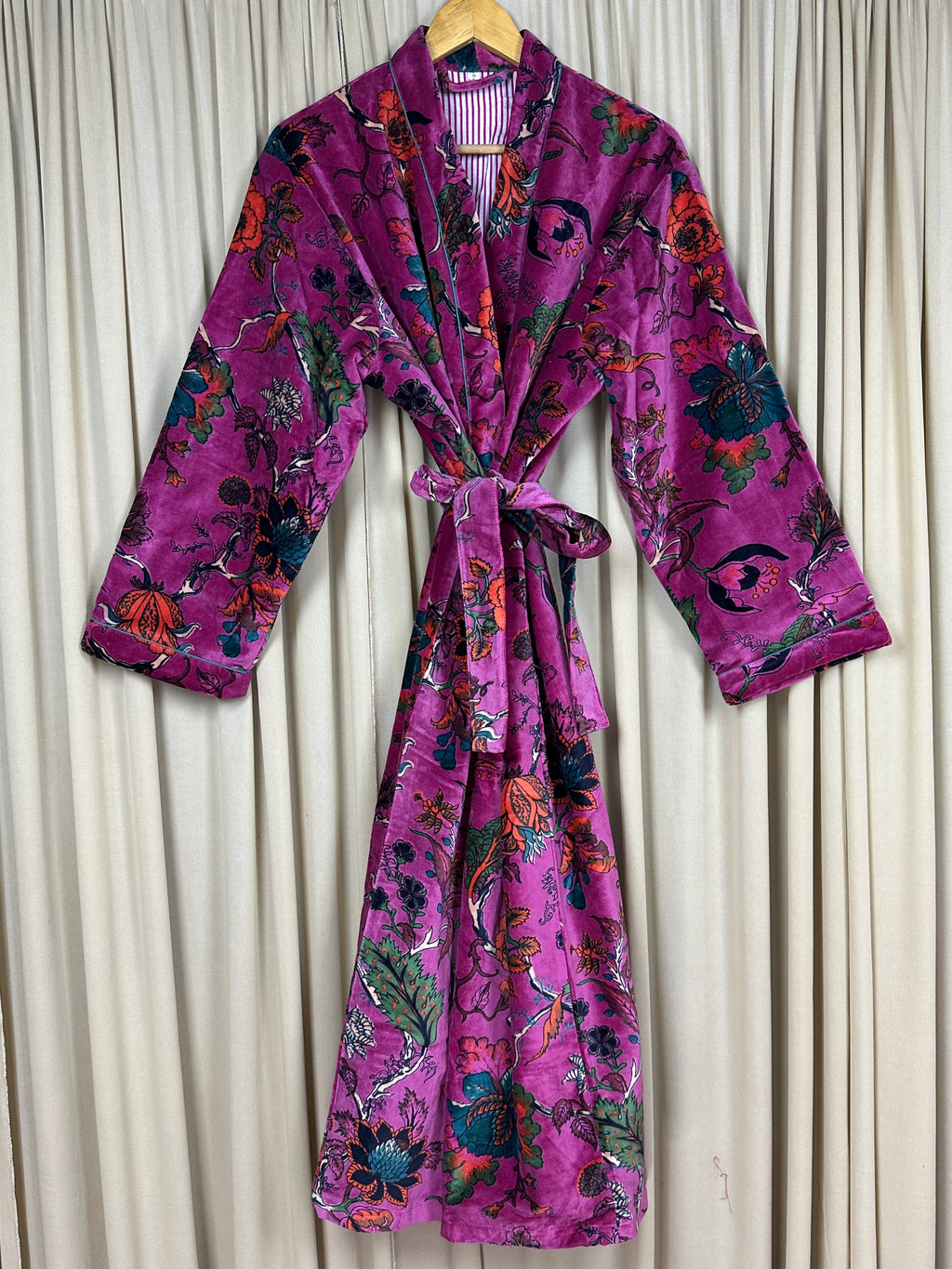 Luxury Velvet Kimono Unisex House Robe | Boho Jacket Autumn Winter Christmas Gift Elegant Reversible Cotton Lined | Quirky Gown Pink Floral