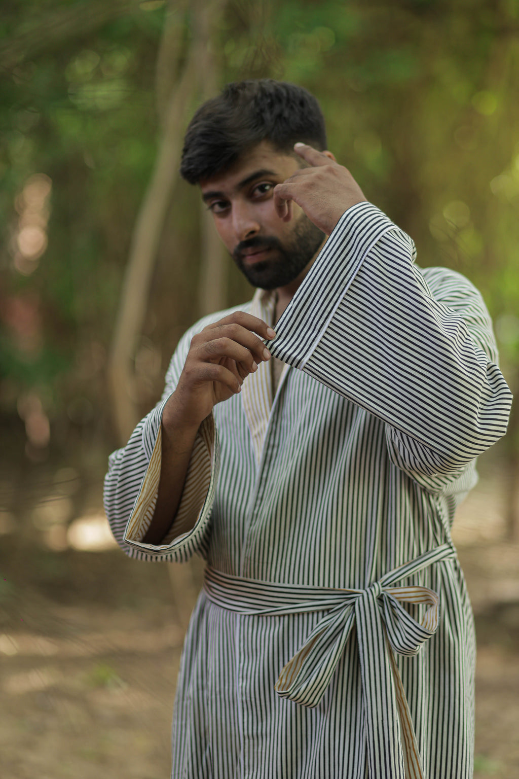Men's Cotton Long Kimono Robe in striped with pockets