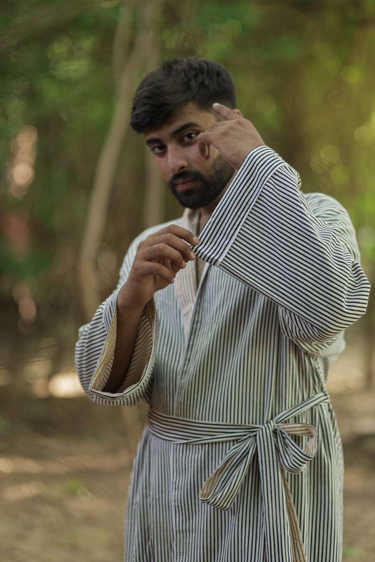 Men's Cotton Long Kimono Robe in striped with pockets