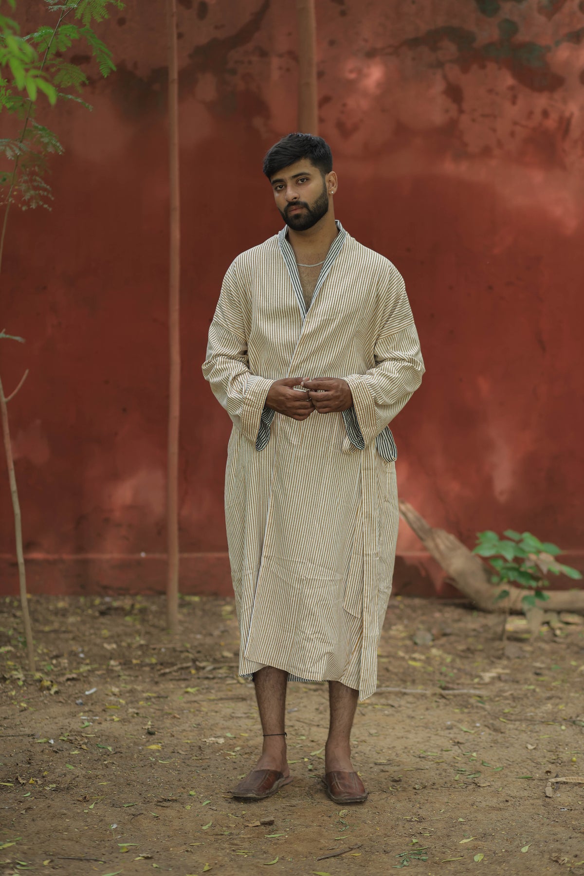 Men's Cotton Long Kimono Robe in striped with pockets