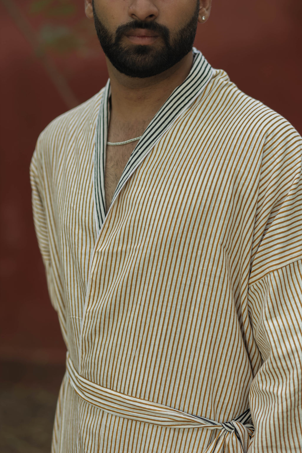 Men's Cotton Long Kimono Robe in striped with pockets