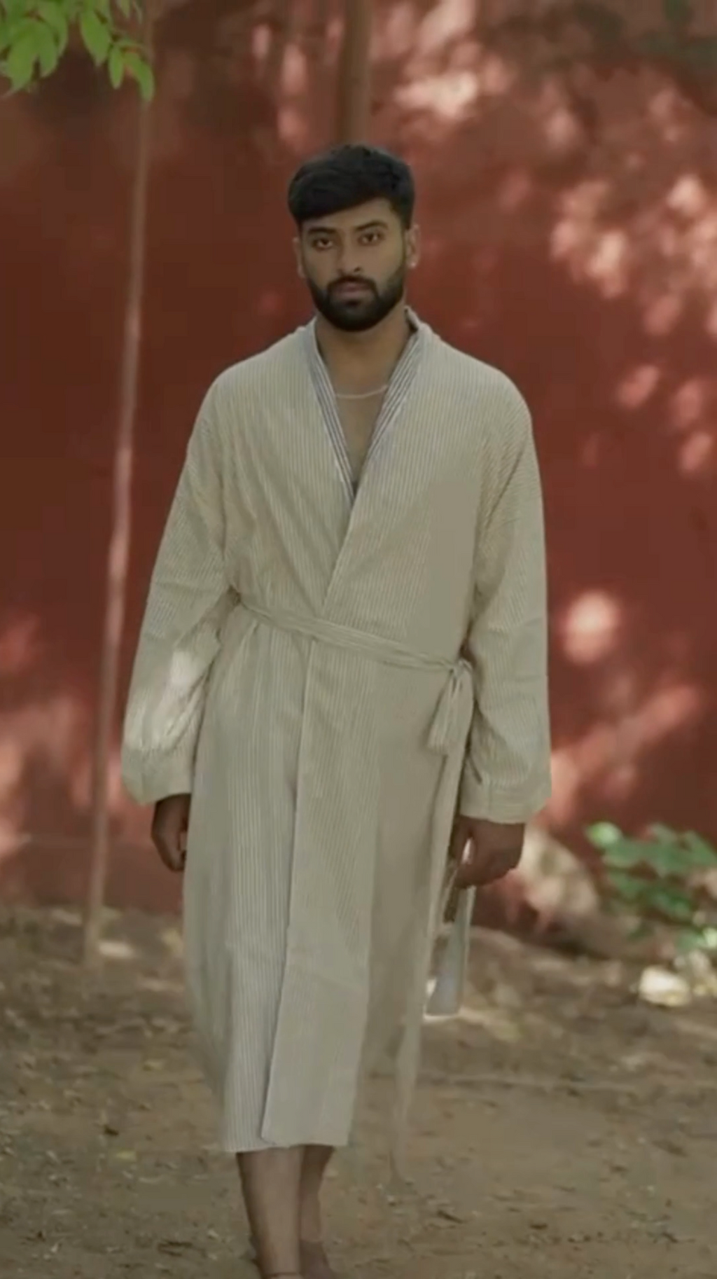 Men's Cotton Long Kimono Robe in striped with pockets