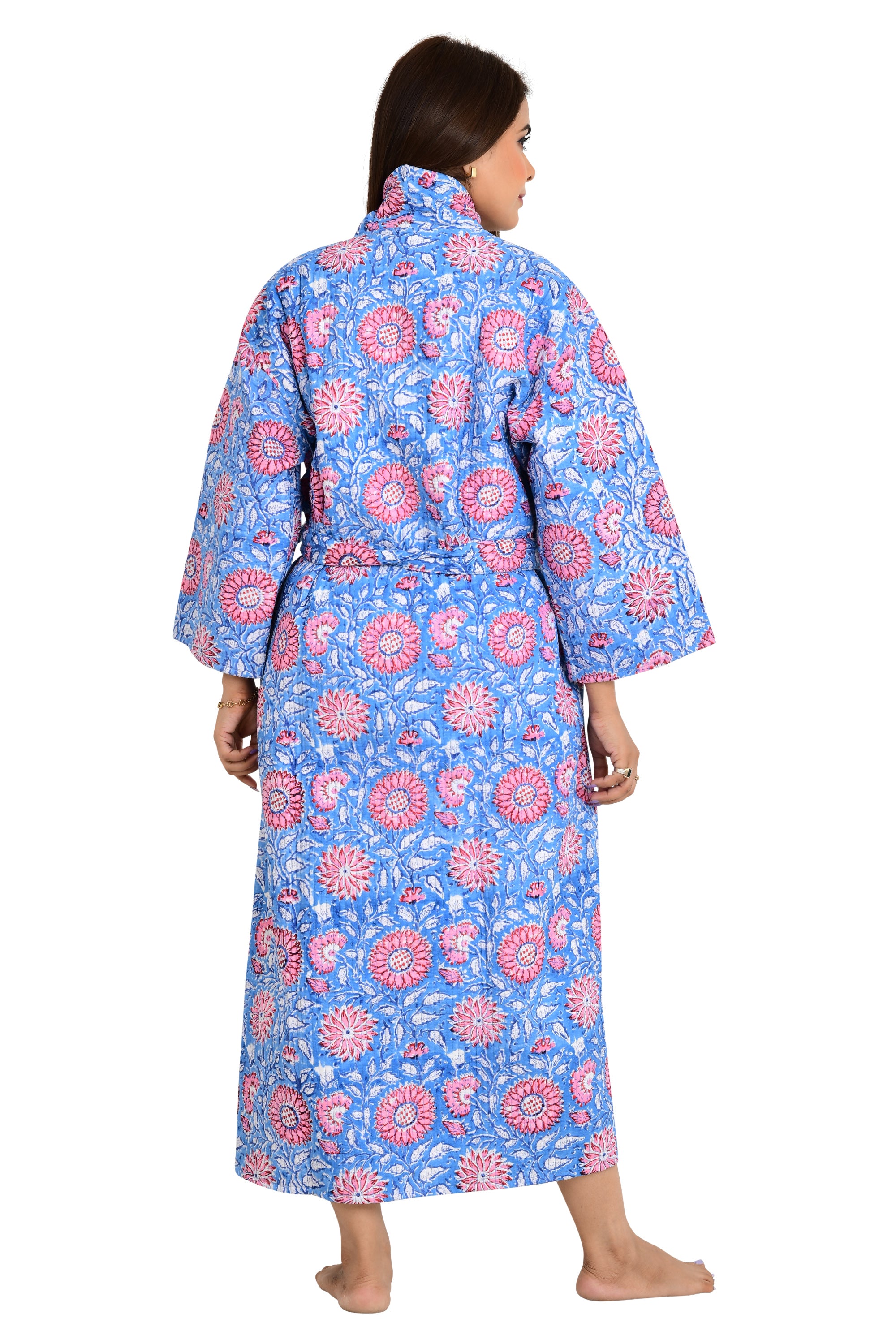 Kantha Quilted Pure Cotton Reversible Long Kimono Women Blue Pink Sun Flower