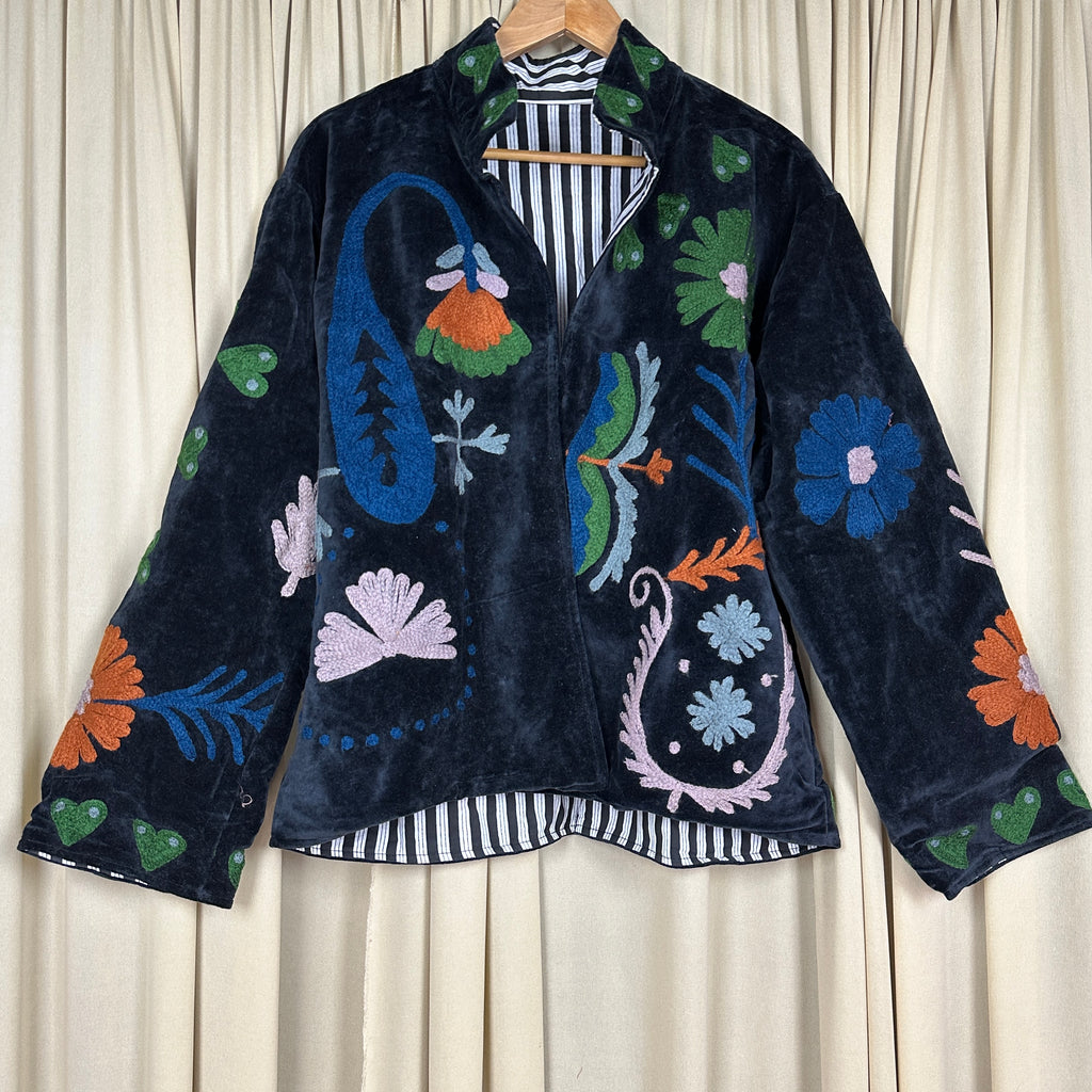 Boho Hand Embroidered Velvet Suzani Jacket, Black Floral Open Front Coat Winter Wear Free Size Robe Retro Chic Free Size Robe Blazer for Her