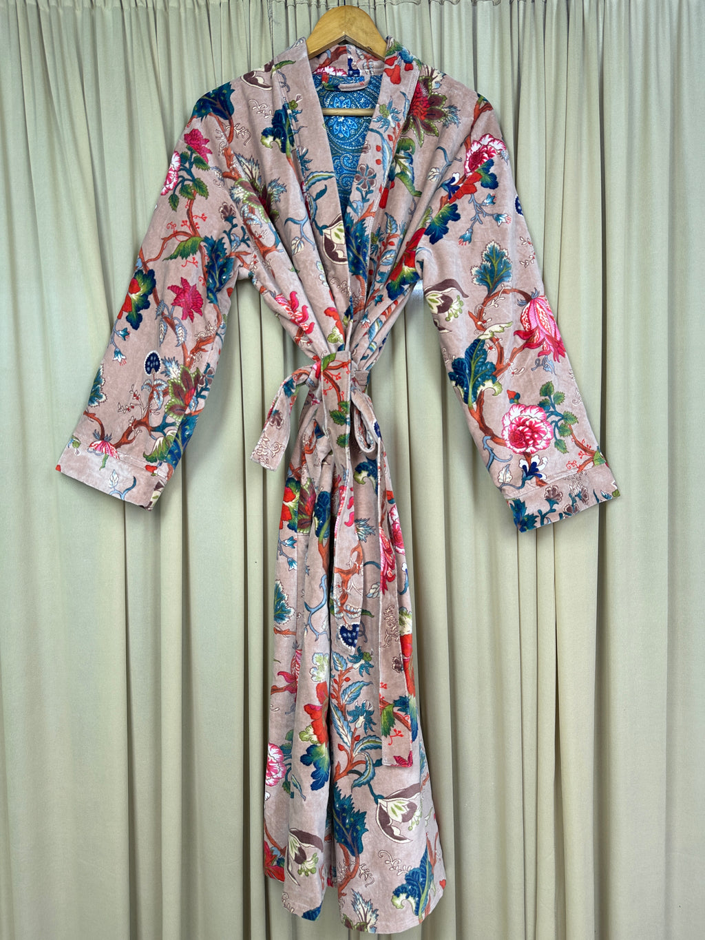 Unisex reversible Velvet Kimono Robe in pink floral