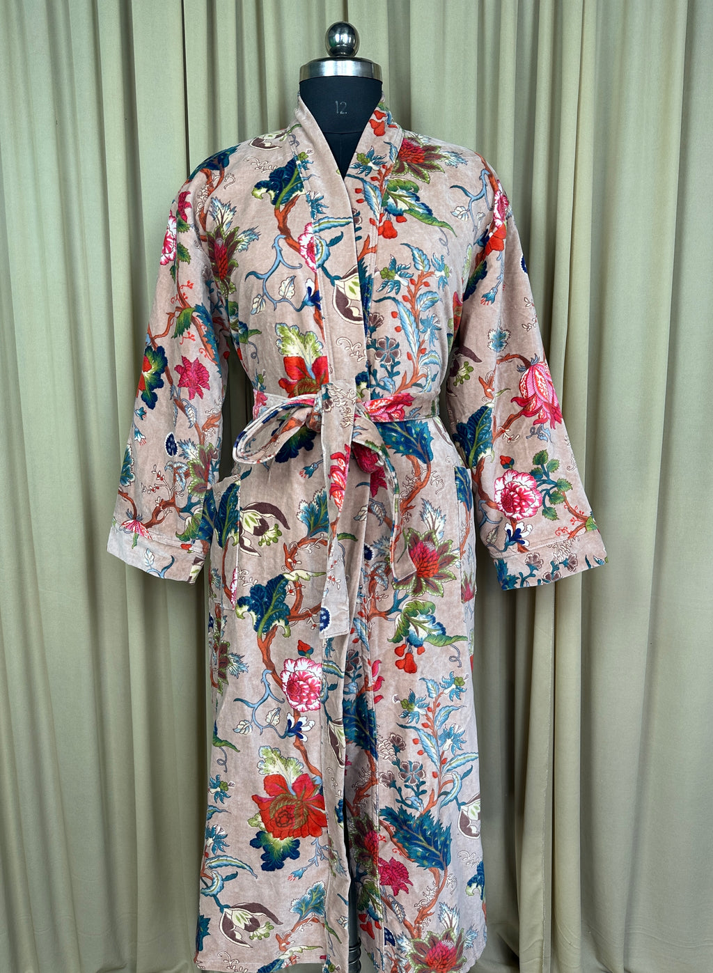 Unisex reversible Velvet Kimono Robe in pink floral
