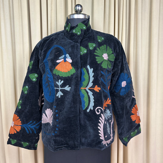 Boho Hand Embroidered Velvet Suzani Jacket, Black Floral Open Front Coat Winter Wear Free Size Robe Retro Chic Free Size Robe Blazer for Her