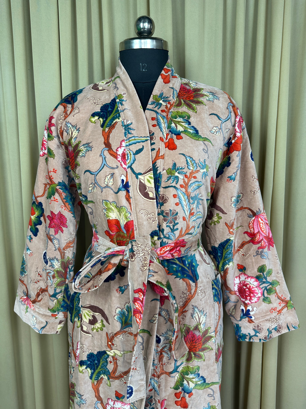 Unisex reversible Velvet Kimono Robe in pink floral