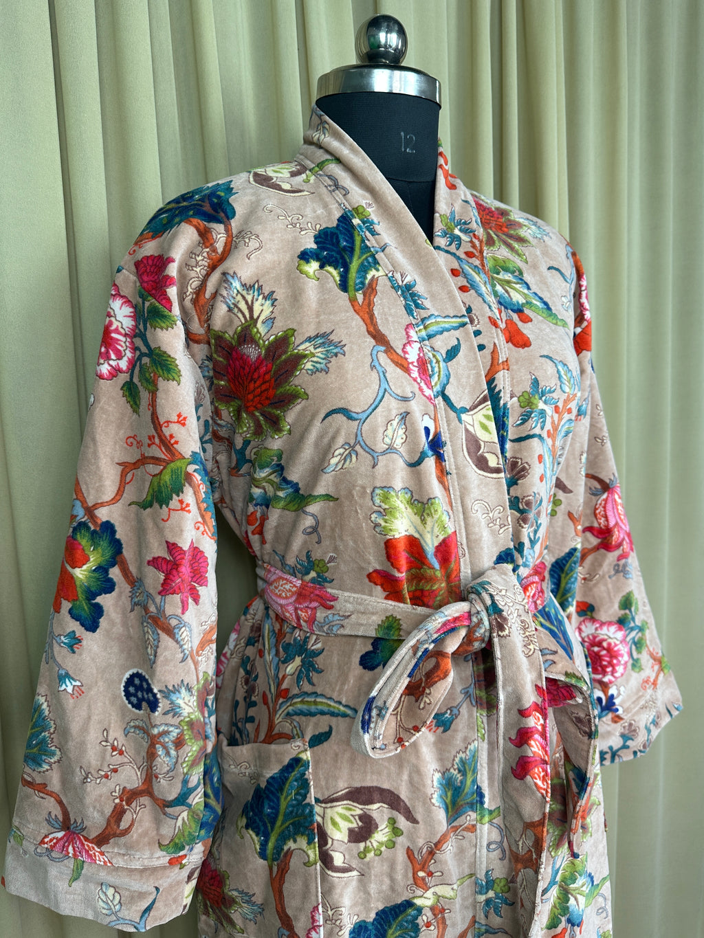 Unisex reversible Velvet Kimono Robe in pink floral