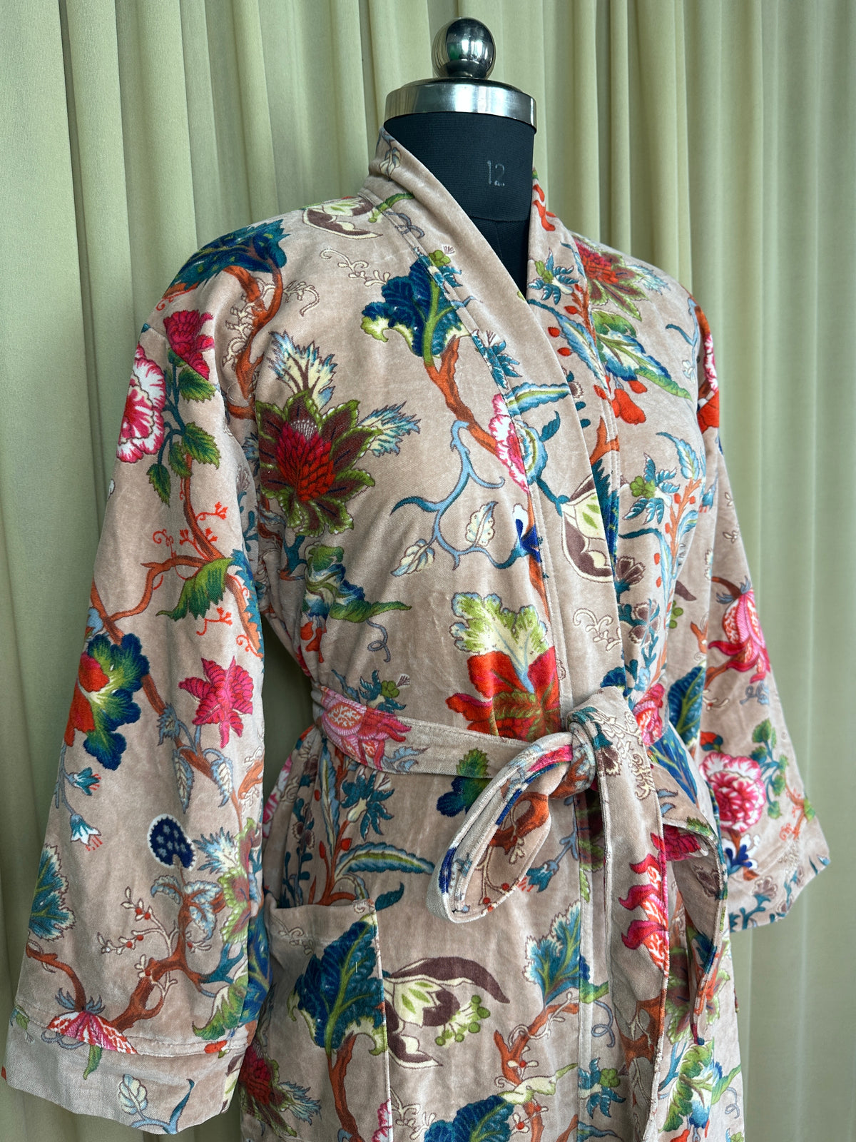 Unisex reversible Velvet Kimono Robe in pink floral