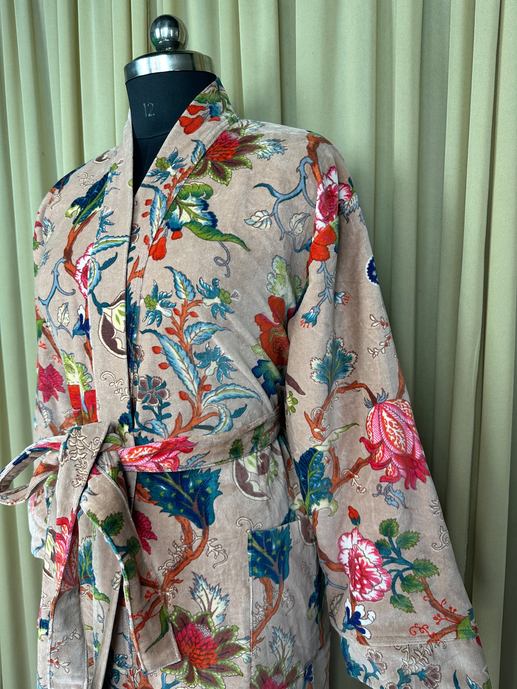 Unisex reversible Velvet Kimono Robe in pink floral