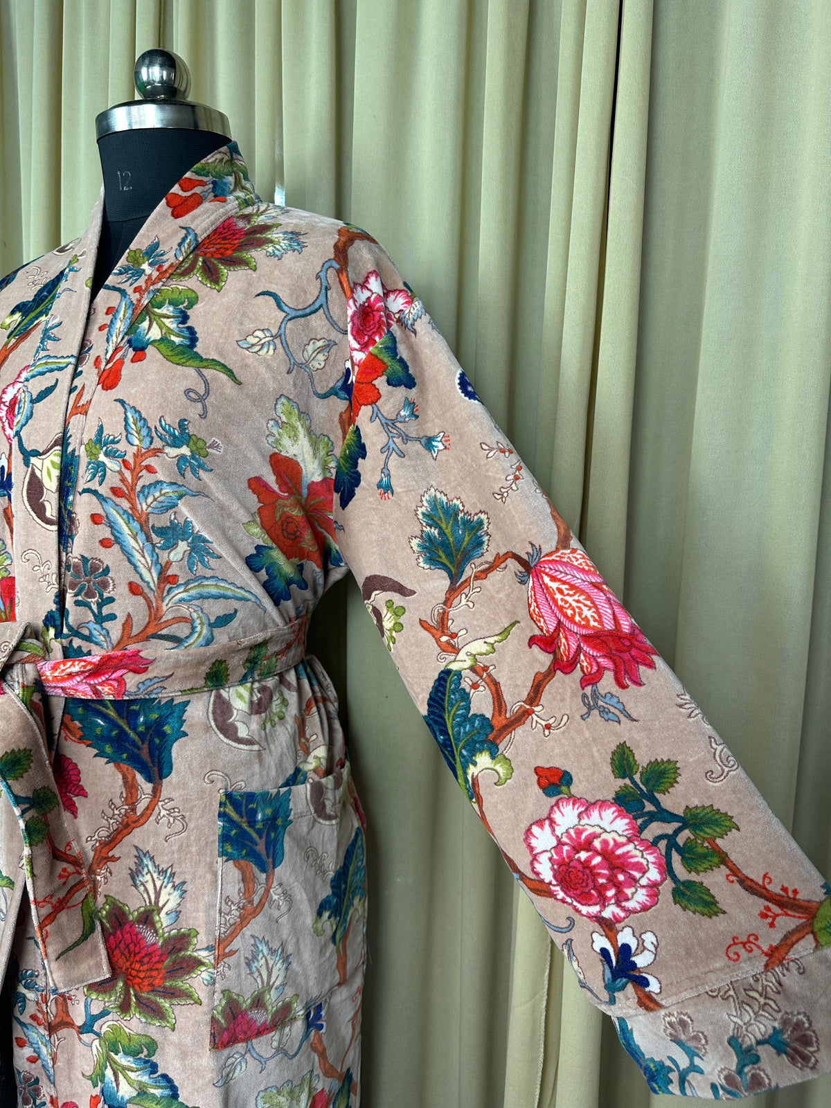 Unisex reversible Velvet Kimono Robe in pink floral