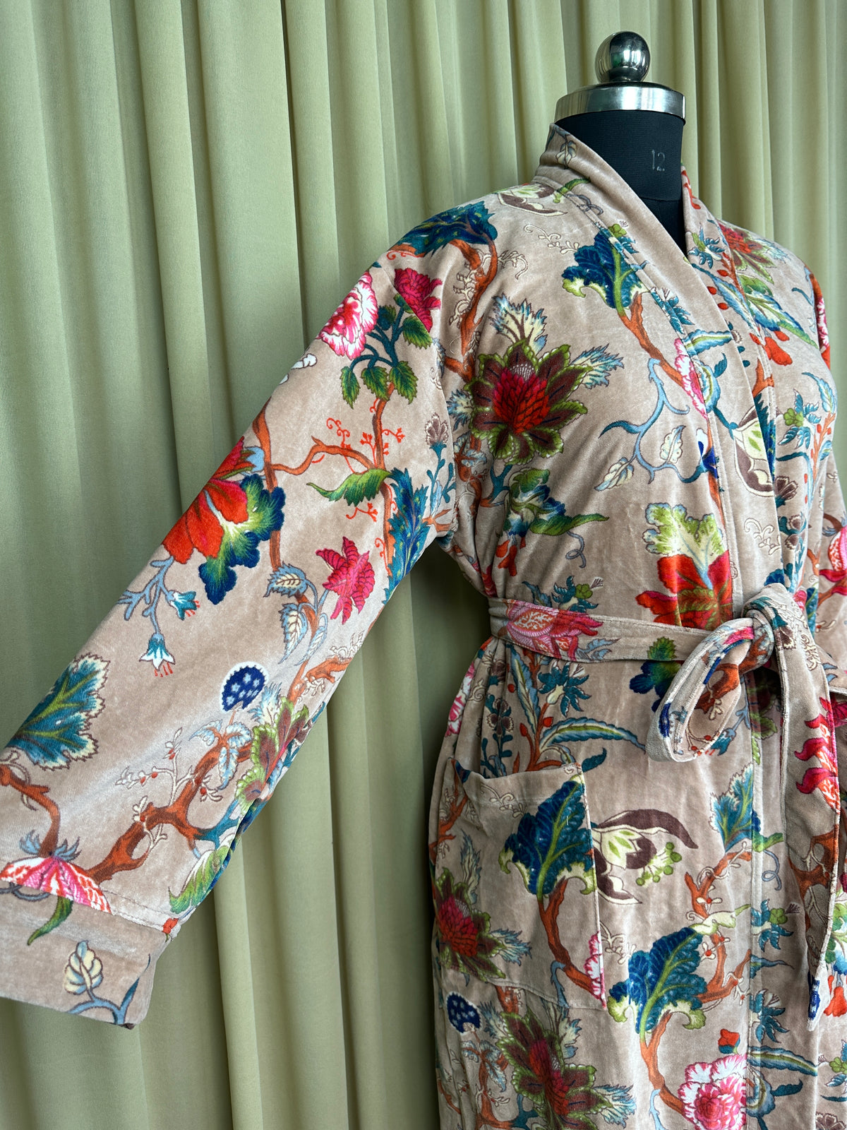 Unisex reversible Velvet Kimono Robe in pink floral
