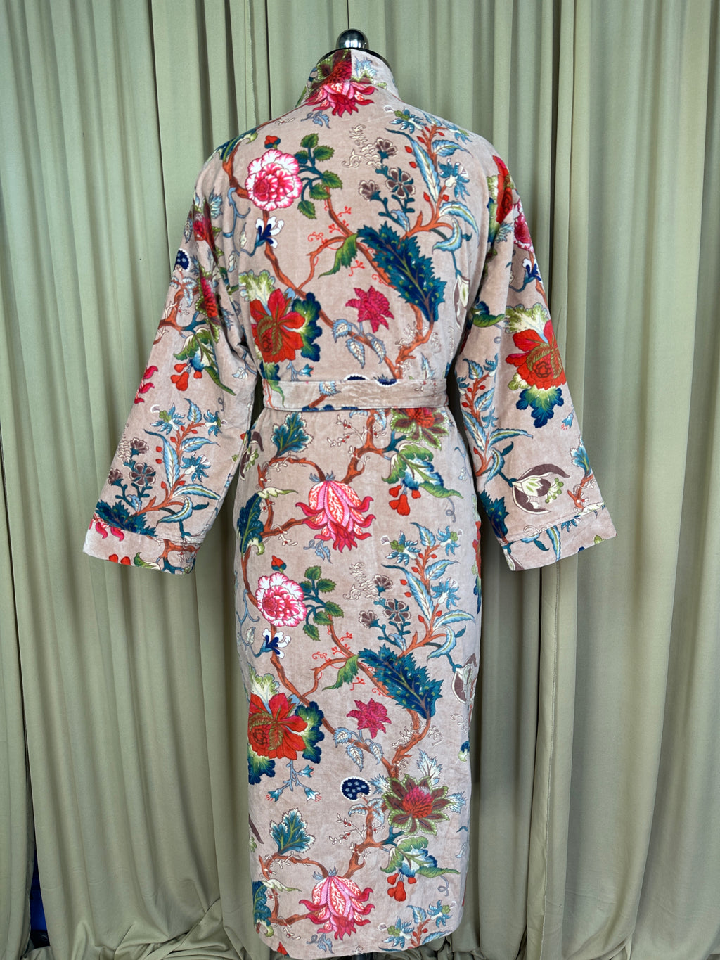 Unisex reversible Velvet Kimono Robe in pink floral