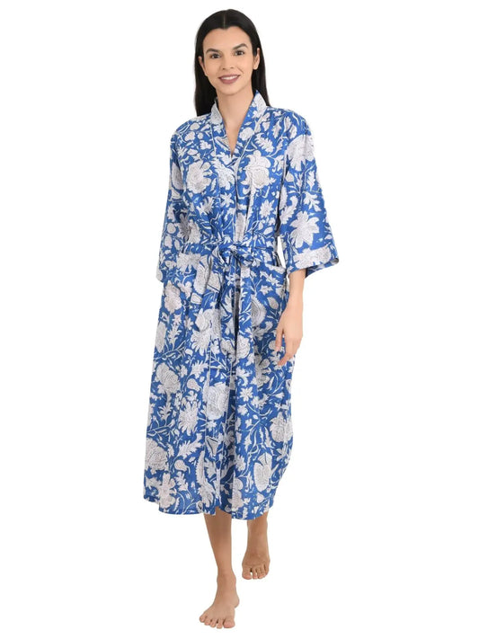 Boho Cotton Kimono House Robe Indian Handprinted Floral Print Pattern | Lightweight Summer Luxury Beach Holidays Yacht Cover Up Stunning Dress