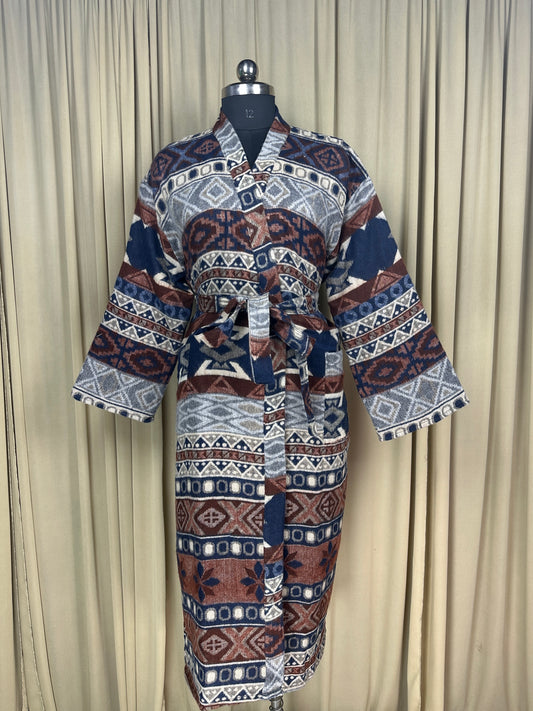 Yak Wool Blend Women Kimono Robe, Cozy Warm Winter Romance Loungewear, Blue Diamond Print Cardigan House Coat with Pockets, Quirky Christmas Gift