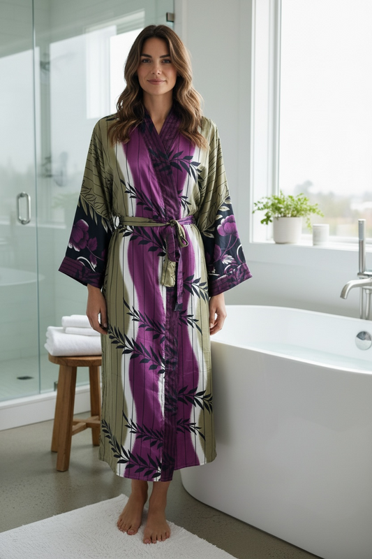 Recycle Silk Sari Women Kimono | Boho Chic Beach Cover Up Vintage Lounge Dressing Robe l Resort Wear Regal Gypsy House Robe | Purple Floral
