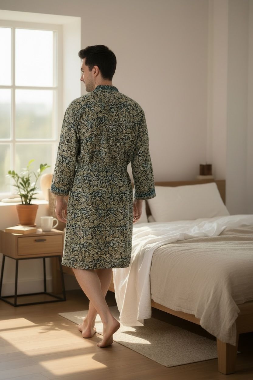 Boho Men's Soft Silk Kimono, Man Regal House Beach Robe, Floral Persian King Elegant Blue Beige Hues Beach Cover Up, Perfect Gift for Dad