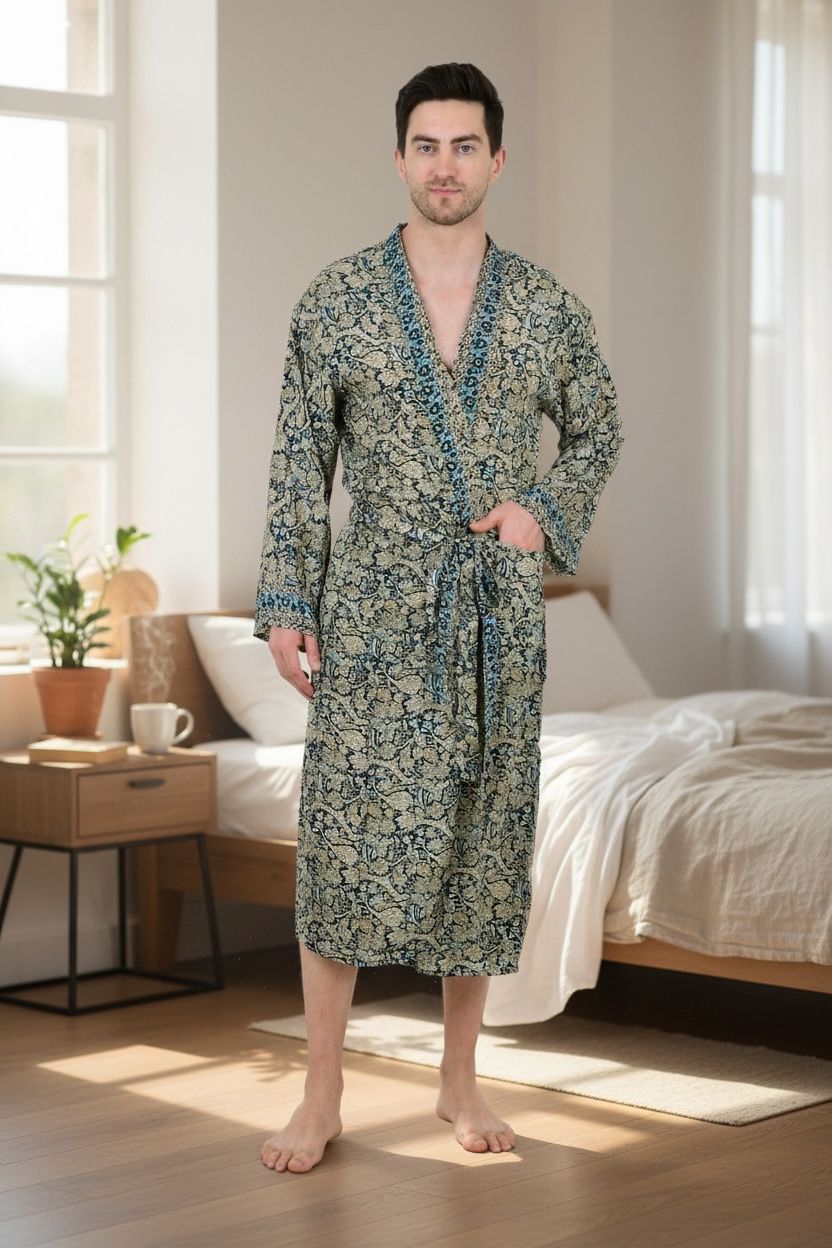 Boho Men's Soft Silk Kimono, Man Regal House Beach Robe, Floral Persian King Elegant Blue Beige Hues Beach Cover Up, Perfect Gift for Dad