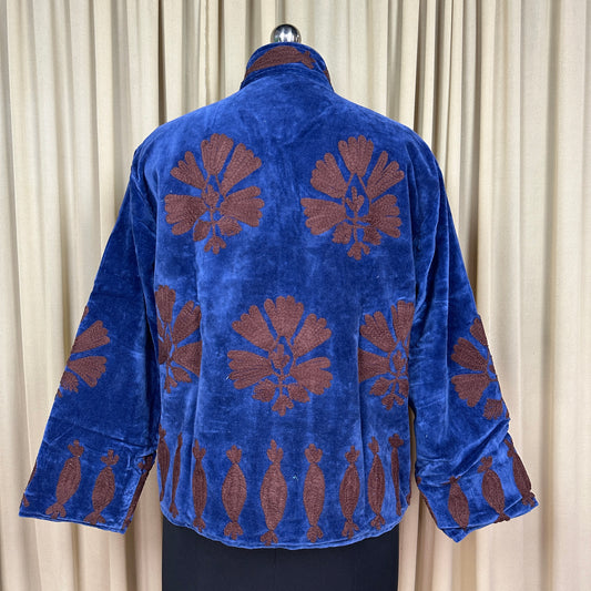 Boho Hand Embroidered Velvet Suzani Jacket, Blue Floral Open Front Coat Winter Wear Free Size Robe Retro Chic Free Size Robe Blazer for Her