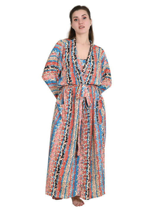 Seidiger Sari Pyjama Kimono Cami Top Boxer 3er Set Nachtanzug Schlafanzug Luxus Lounge Boho Kleid Royal Beach Cover Up Cardigan Geschenk für Sie