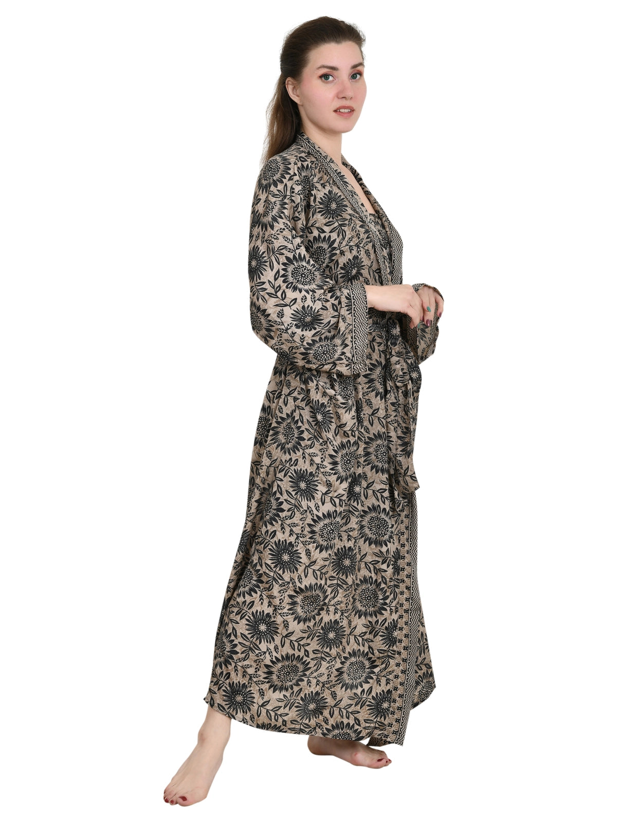Silky Sari Pyjama Kimono Cami Top Boxer Set of 3 Night Suit Sleep Wear Luxury Lounge Boho Dress Royal Beach Cover Up Floral Cardigan Gift For Her