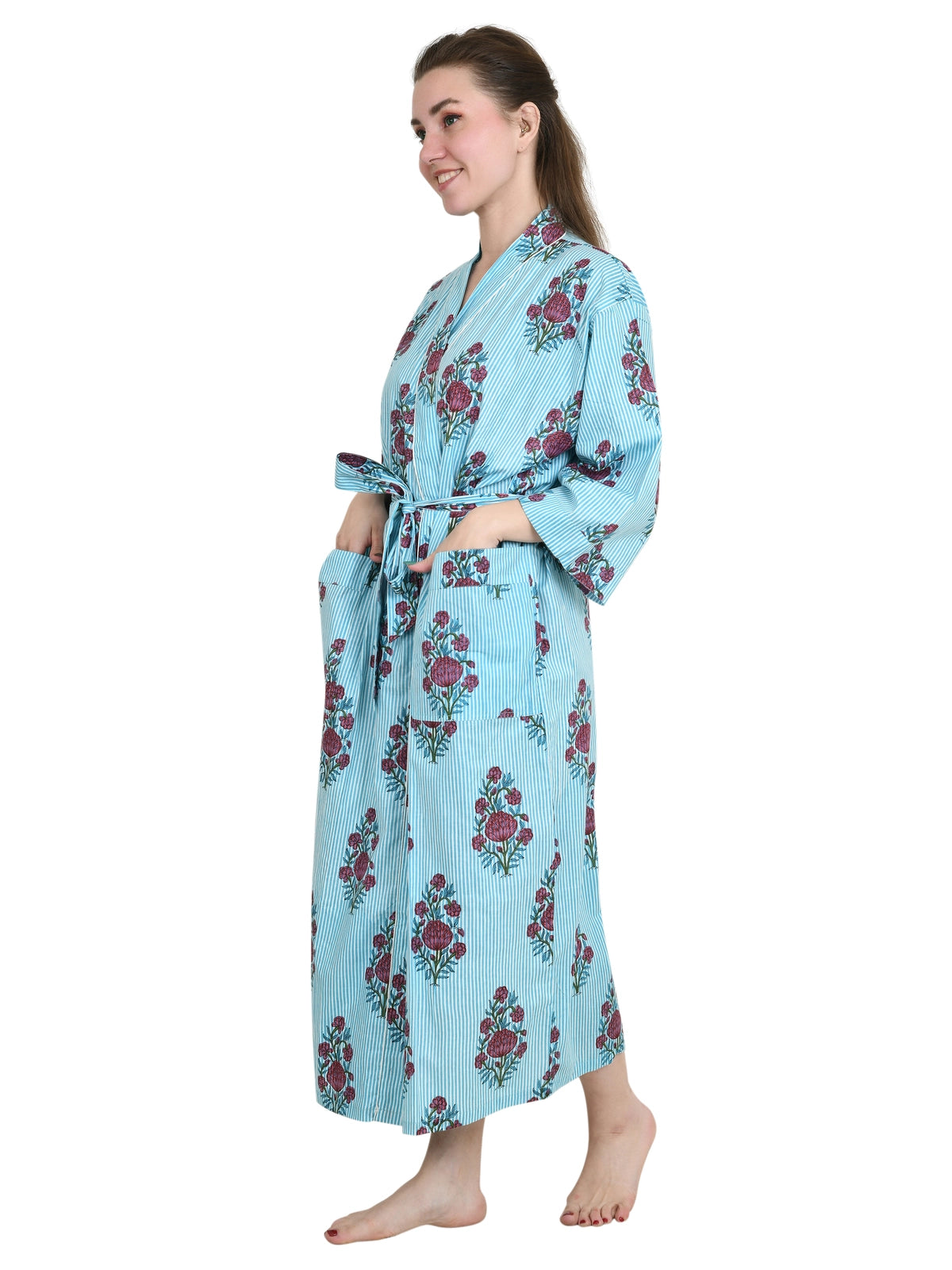 Pure Cotton Handblock Kimono Floral Boho House Bath Robe Spring Summer Fashion Cardigan | Stripes Print Beach Cover Up Bridesmaid Dressing Gown Gift Her