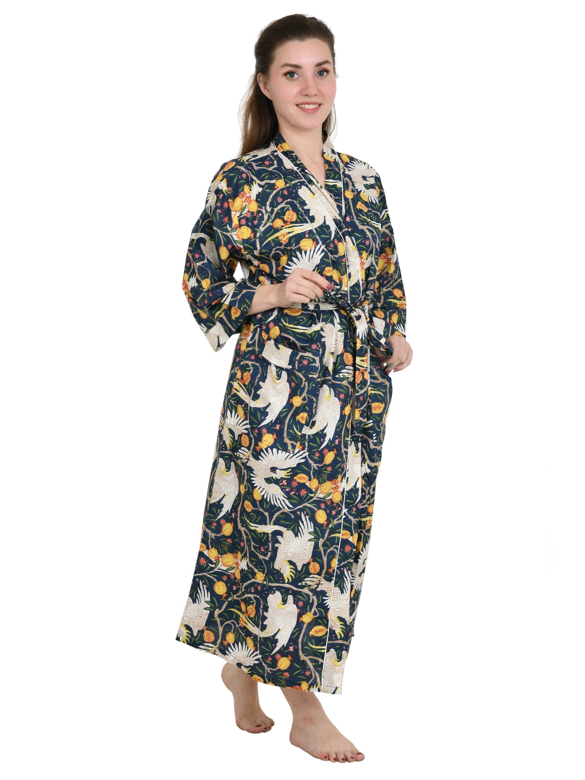 Pure Cotton Handblock Kimono Floral Boho House Bath Robe Spring Summer Fashion Cardigan | Bird Print Beach Cover Up Bridesmaid Dressing Gown Gift Her