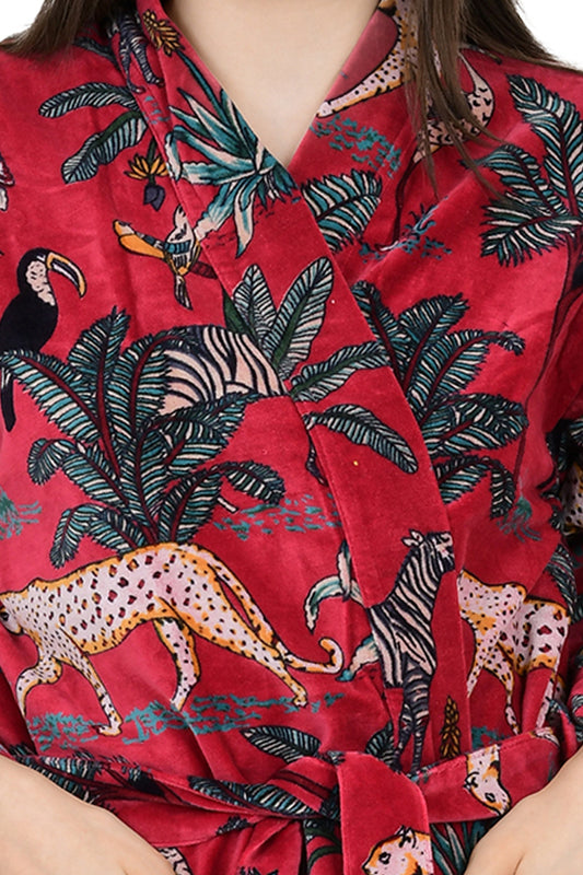 Luxury Velvet Kimono Robe: Reversible Silk-Lined Animal Print
