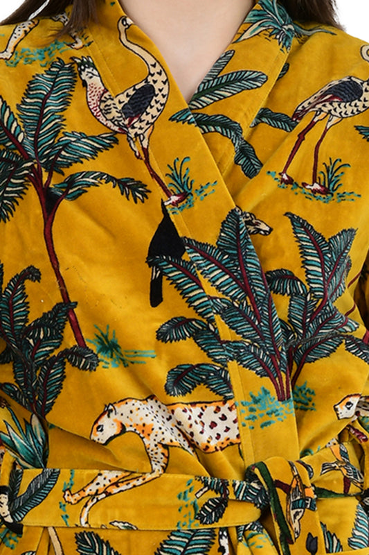 Velvet Kimono Robe: Reversible Silk Lined, Highland Yellow Safari Print