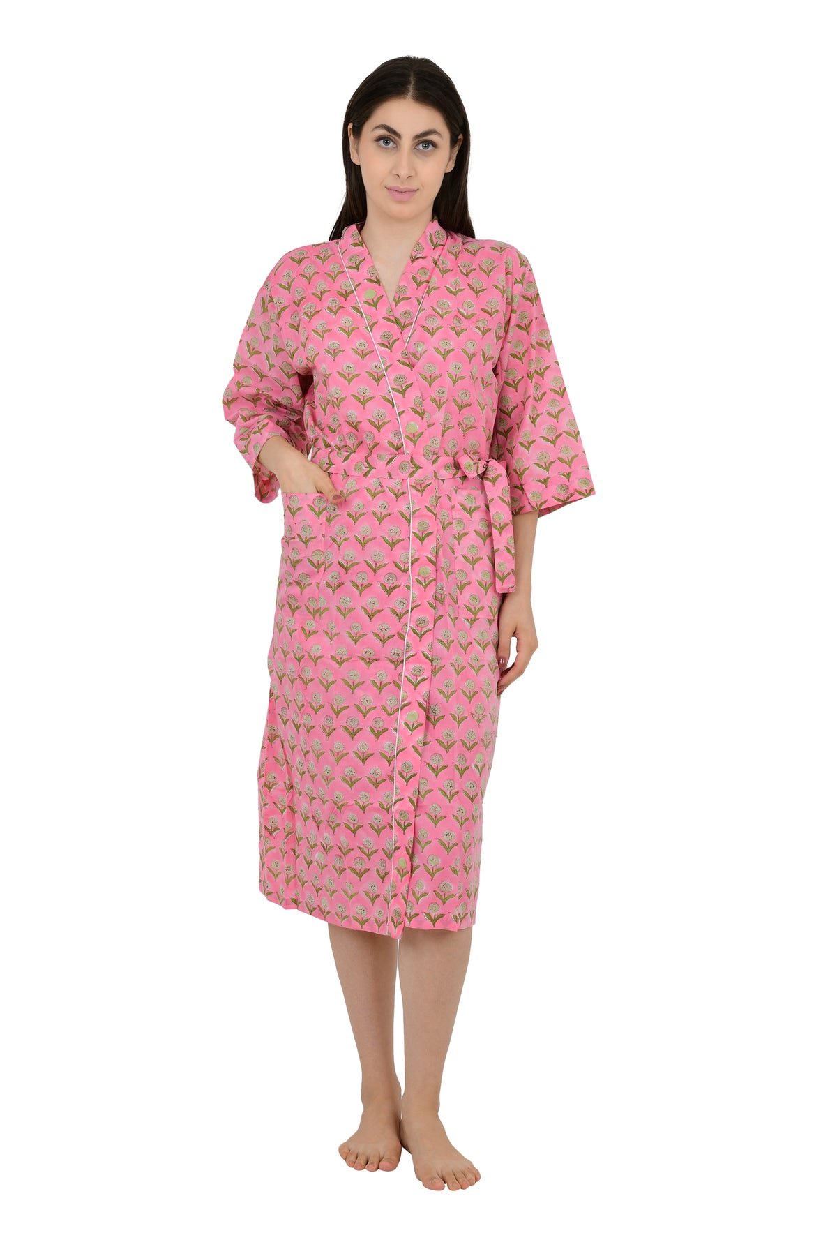 block-printed Cotton Kimono Robe in pink yellow floral