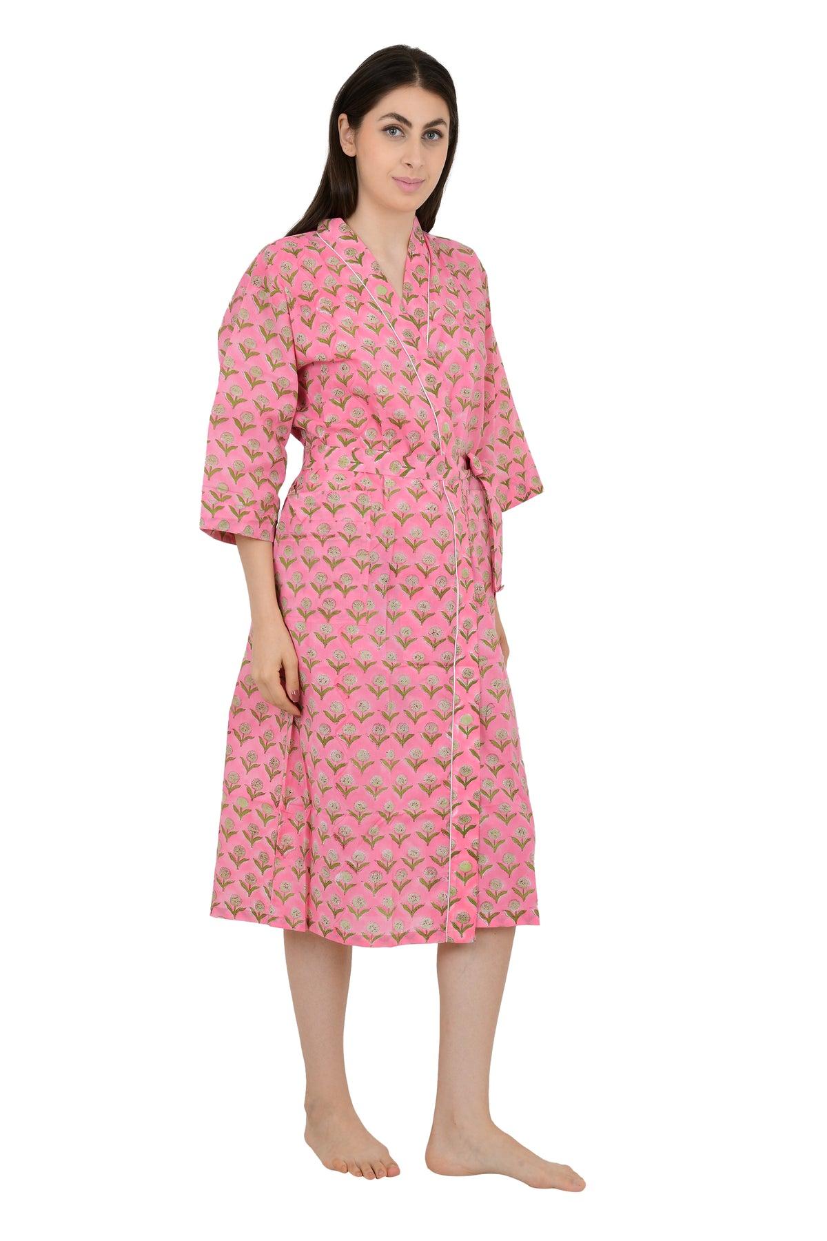 block-printed Cotton Kimono Robe in pink yellow floral