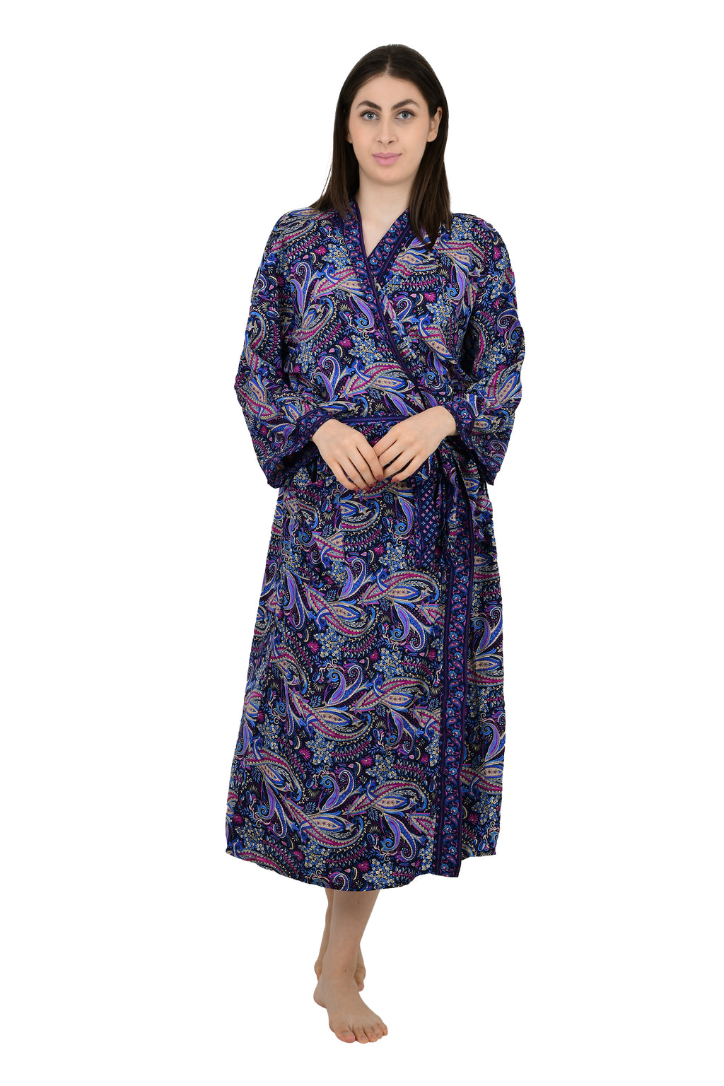 Silk Blend Kimono Robe: Floral Print Long Dressing Gown
