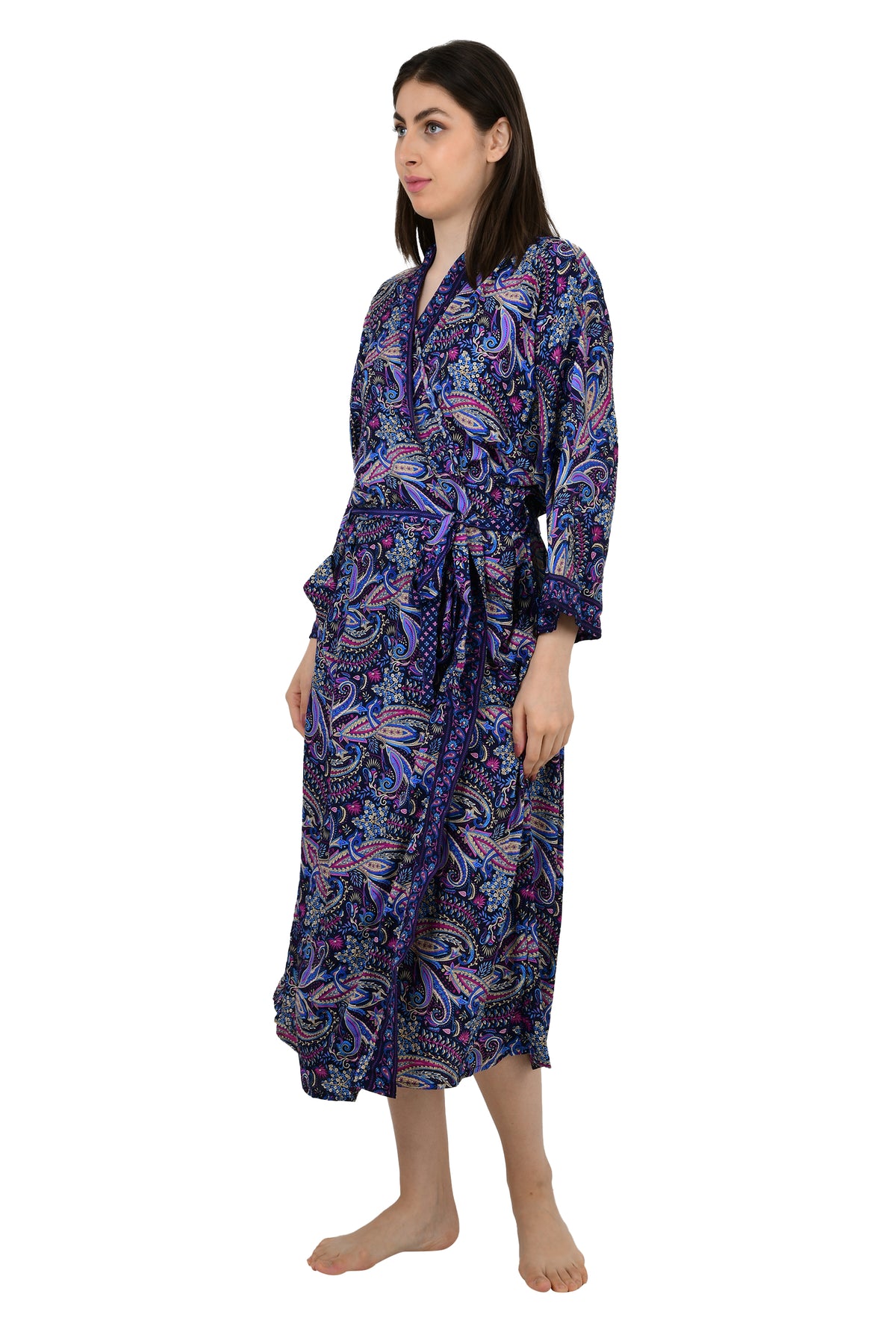 Silk Blend Kimono Robe: Floral Print Long Dressing Gown