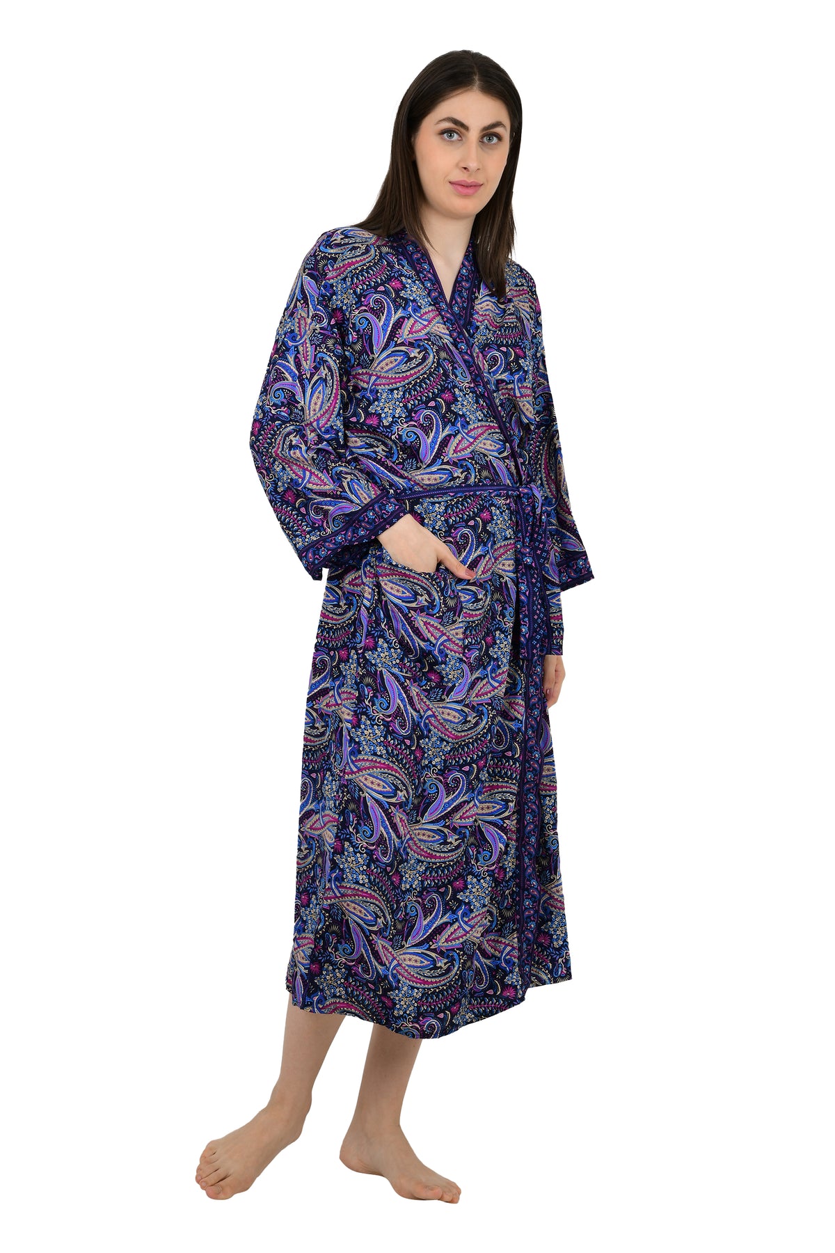 Silk Blend Kimono Robe: Floral Print Long Dressing Gown