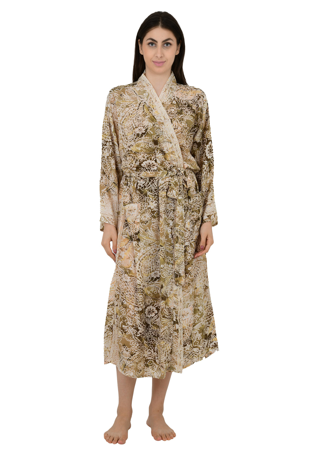 Women's Silk Kimono Robe in beige brown floral
