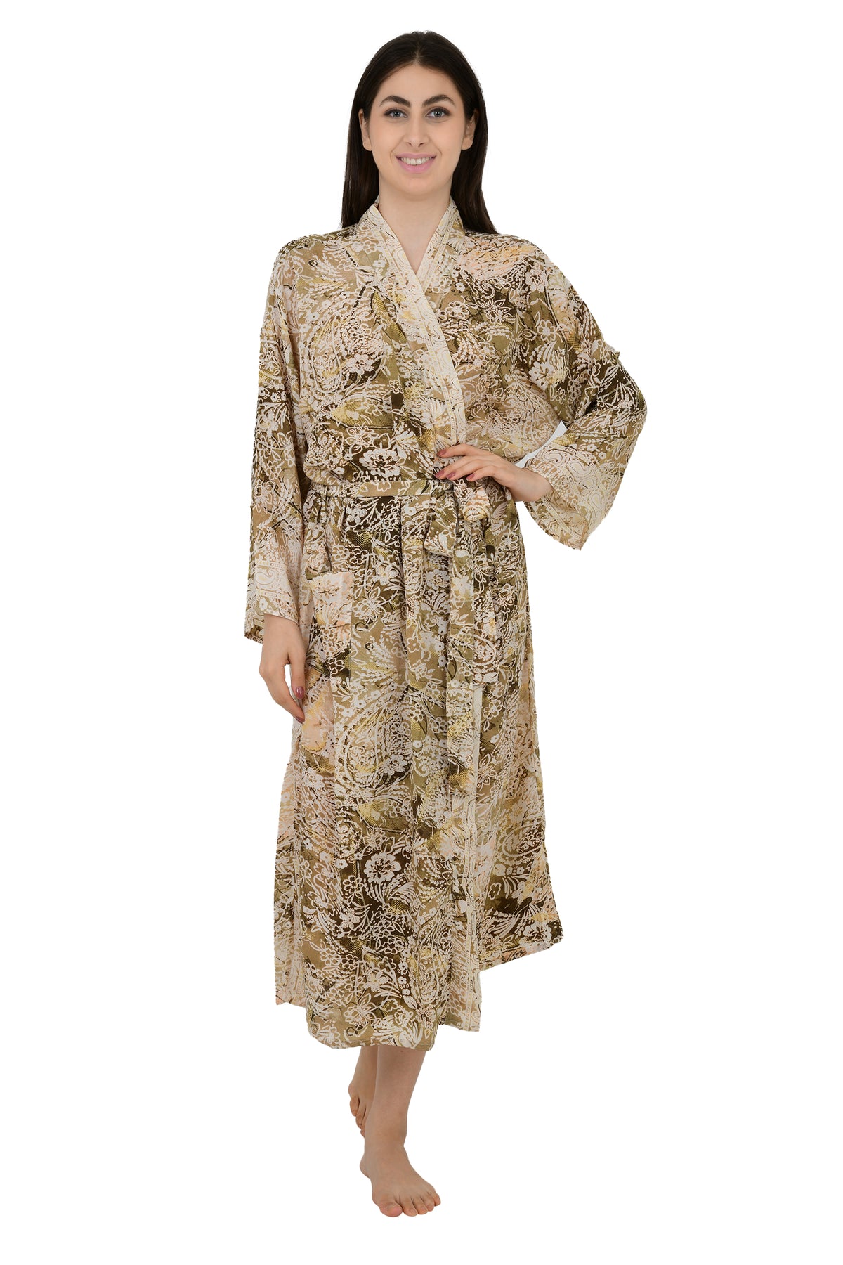 Women's Silk Kimono Robe in beige brown floral
