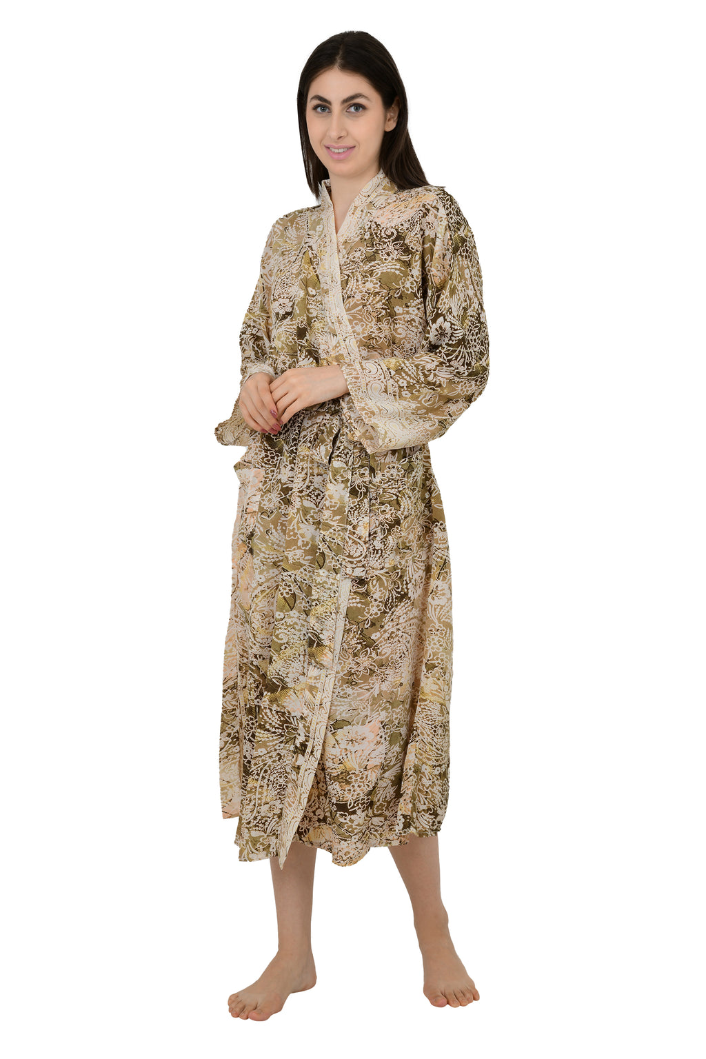 Women's Silk Kimono Robe in beige brown floral