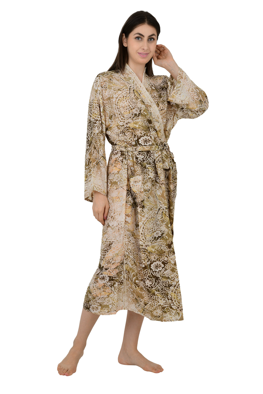 Women's Silk Kimono Robe in beige brown floral