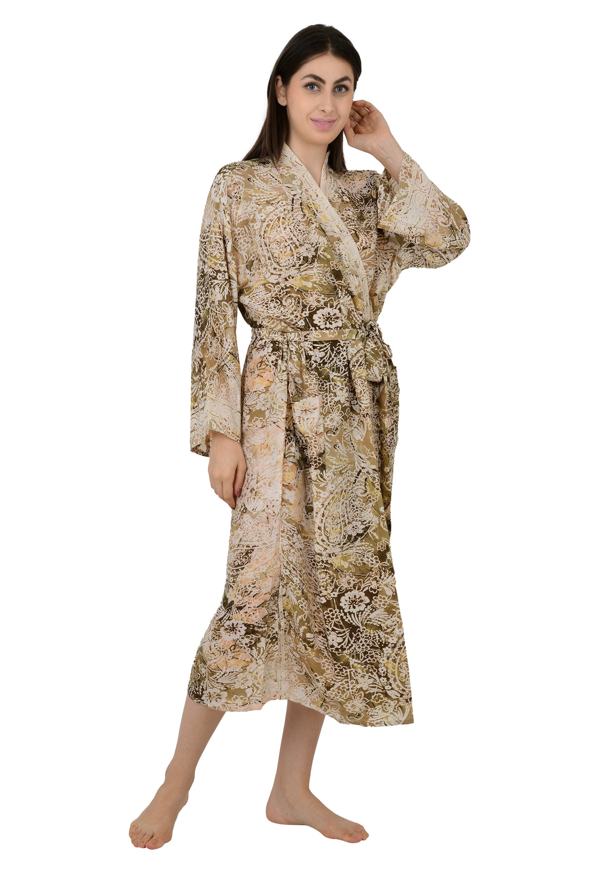 Women's Silk Kimono Robe in beige brown floral