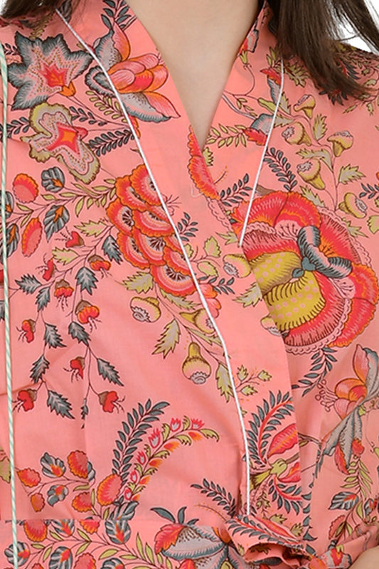Pure Cotton Kimono Indian Handprinted Boho House Robe Summer Dress | Peach Red Floral Beach Cover Up Wear | Christmas Present, Gift For Her