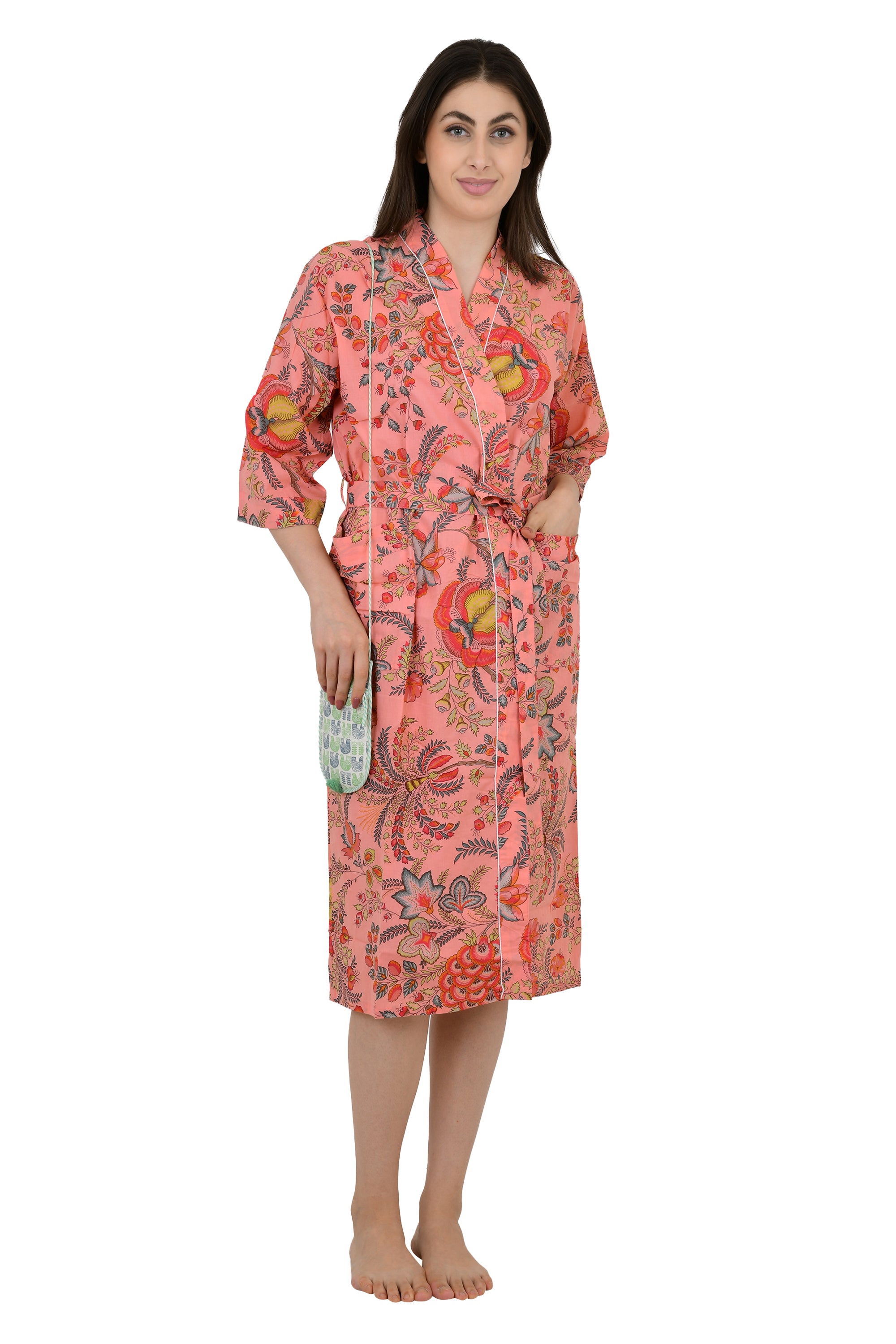 Pur coton Kimono indien imprimé à la main Boho House Robe Robe d’été | Robe de plage florale rouge pêche | Cadeau de Noël, cadeau pour elle
