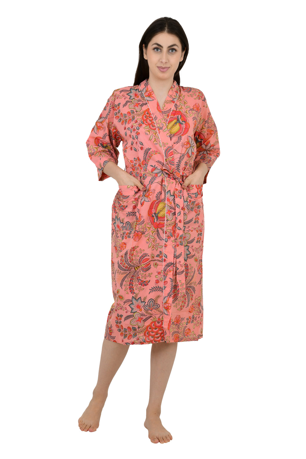 Pur coton Kimono indien imprimé à la main Boho House Robe Robe d’été | Robe de plage florale rouge pêche | Cadeau de Noël, cadeau pour elle
