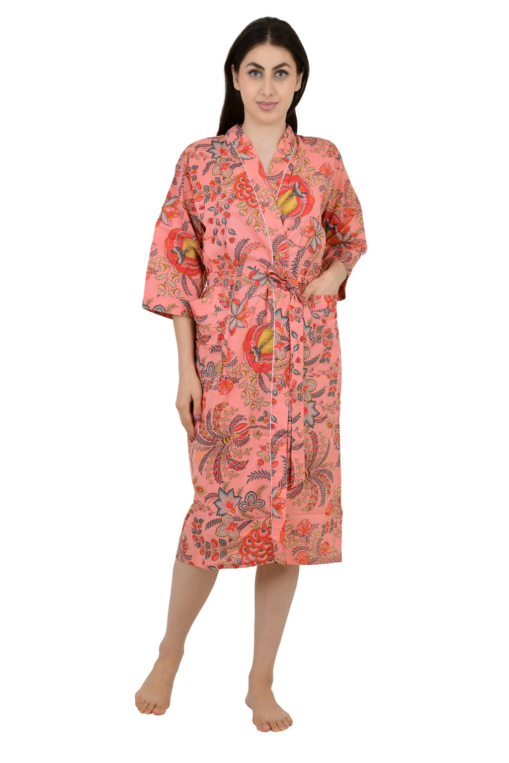 Pur coton Kimono indien imprimé à la main Boho House Robe Robe d’été | Robe de plage florale rouge pêche | Cadeau de Noël, cadeau pour elle