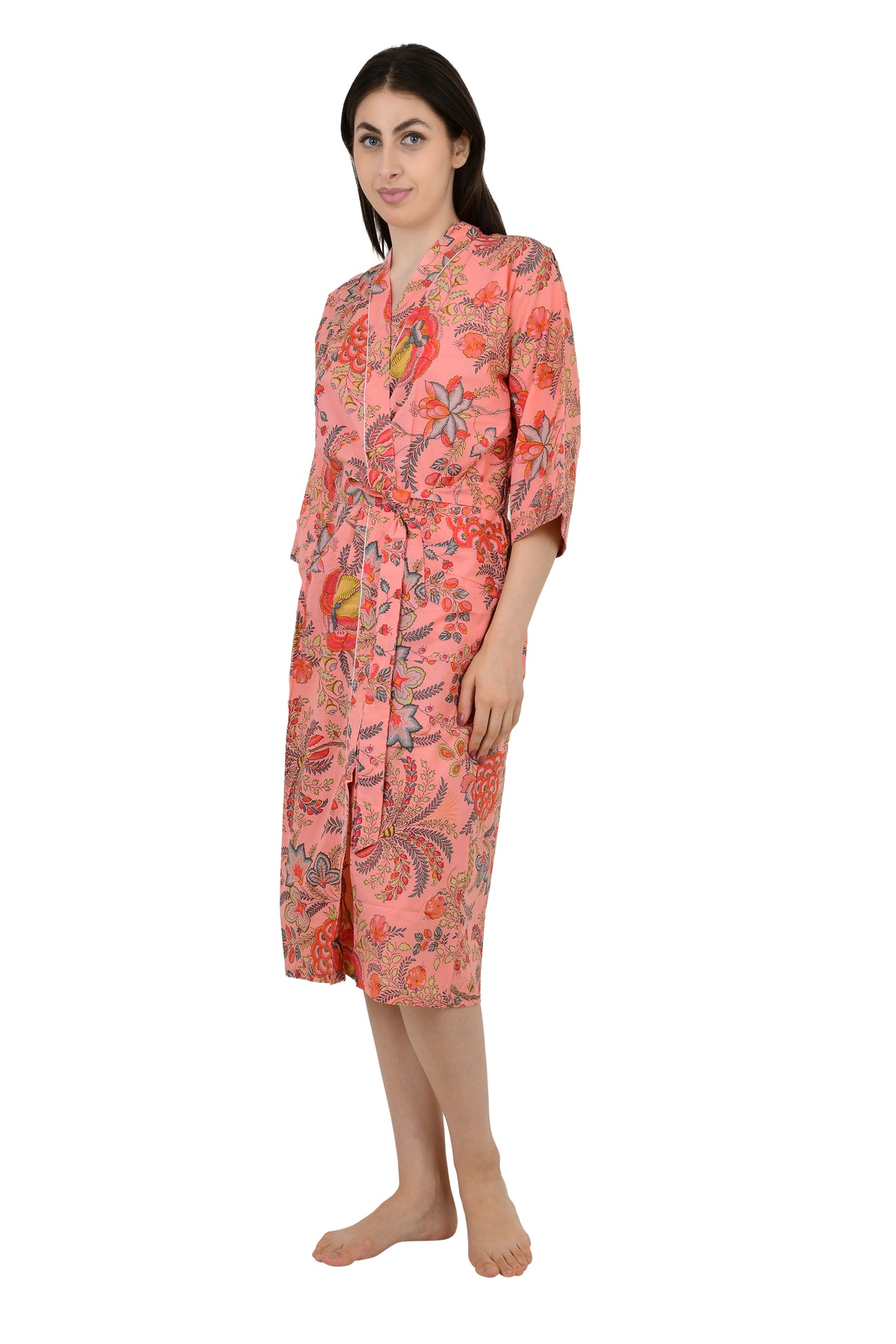 Pur coton Kimono indien imprimé à la main Boho House Robe Robe d’été | Robe de plage florale rouge pêche | Cadeau de Noël, cadeau pour elle