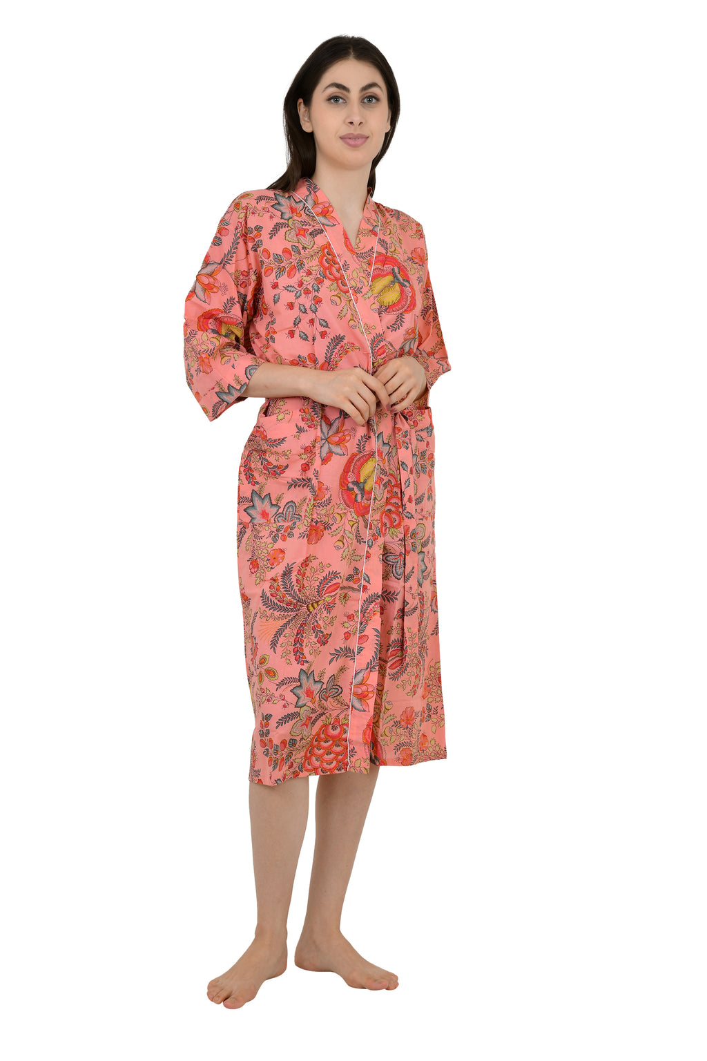 Pur coton Kimono indien imprimé à la main Boho House Robe Robe d’été | Robe de plage florale rouge pêche | Cadeau de Noël, cadeau pour elle