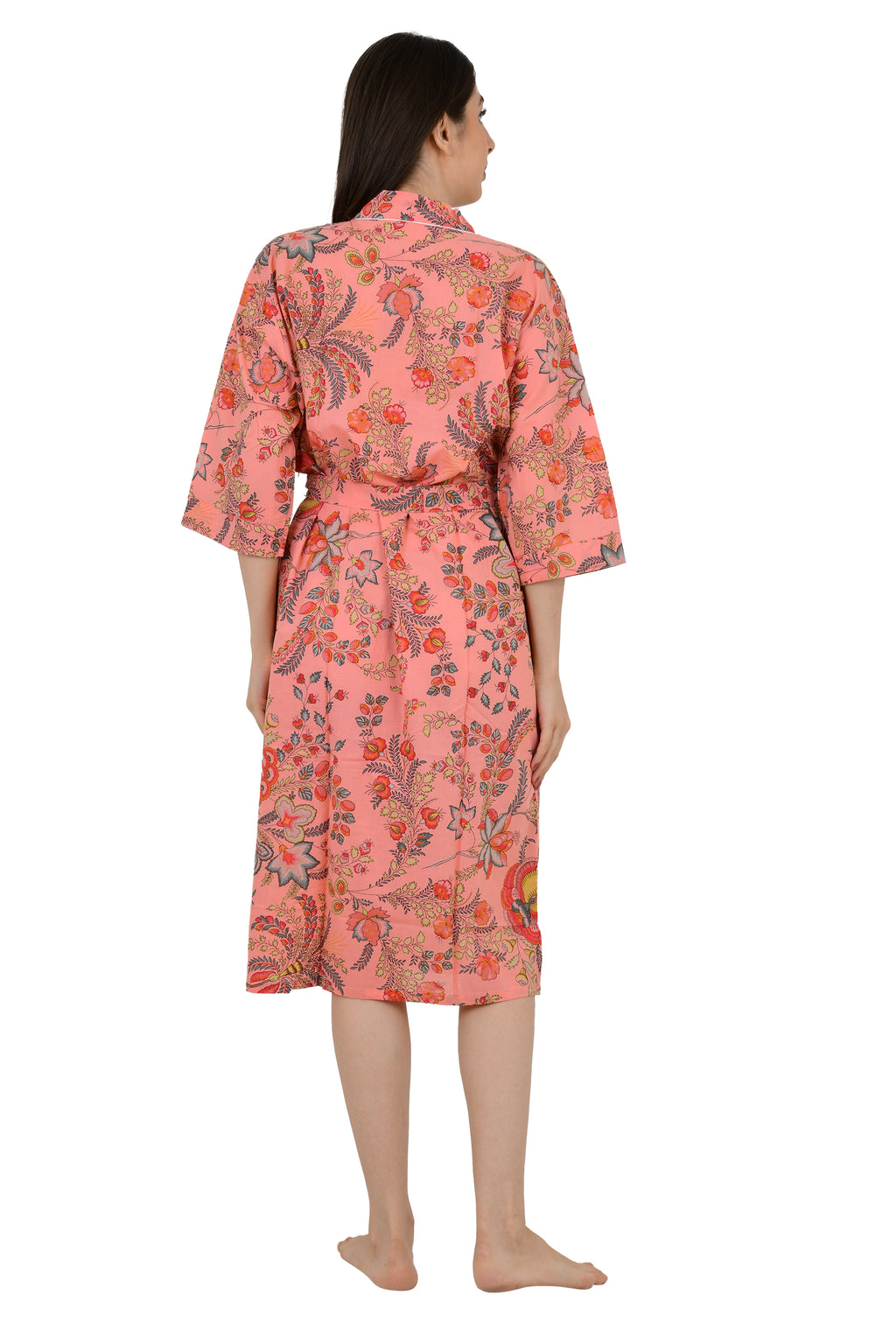 Pur coton Kimono indien imprimé à la main Boho House Robe Robe d’été | Robe de plage florale rouge pêche | Cadeau de Noël, cadeau pour elle