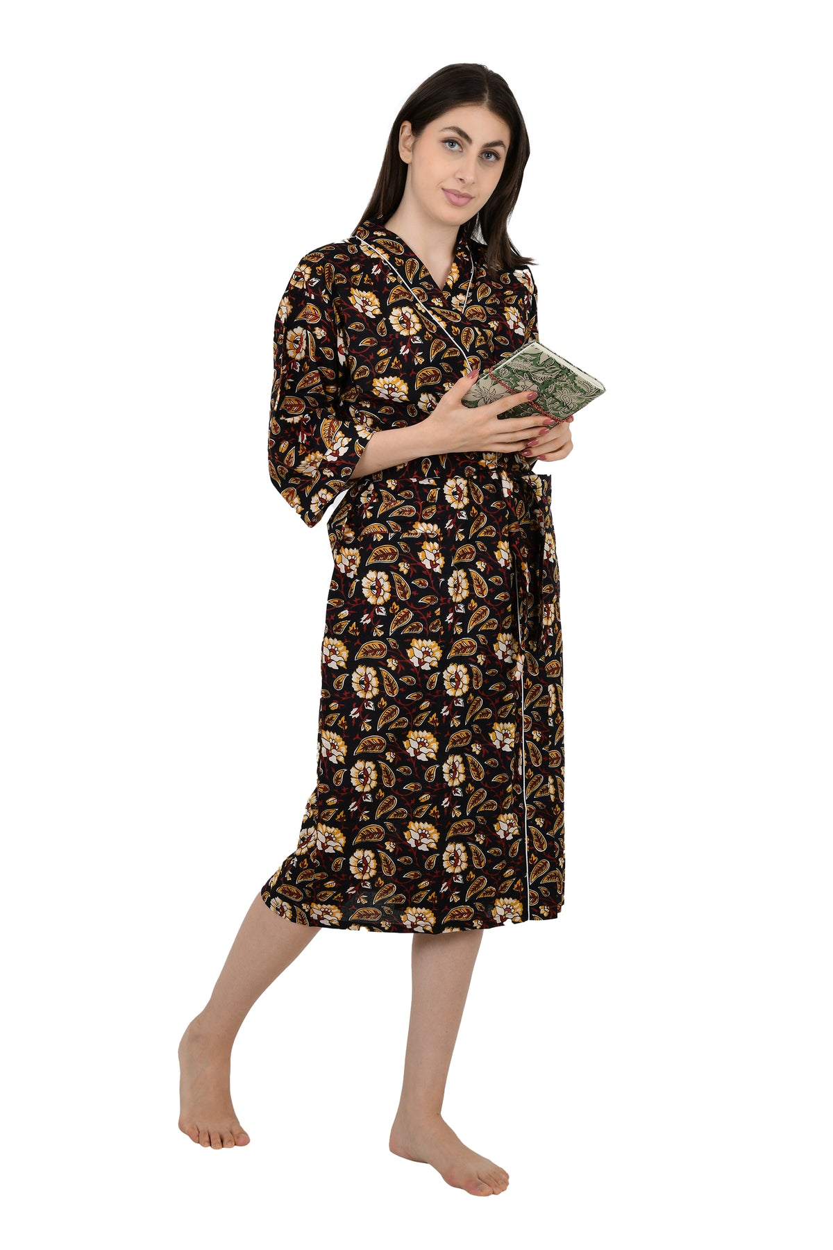 Pur coton Kimono indien imprimé à la main Boho House Robe Robe d’été, Noir Safran Floral Jardin Botanique Plage Coverup Maternité Maman Mariée